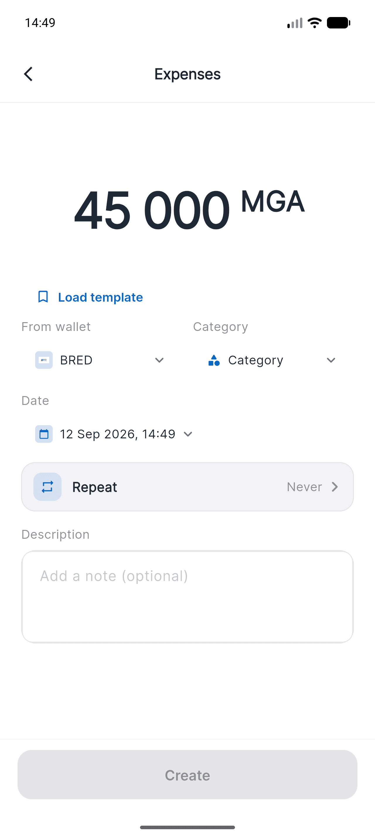 Piff Expenses screen with 45,000 MGA entered and the BRED wallet selected