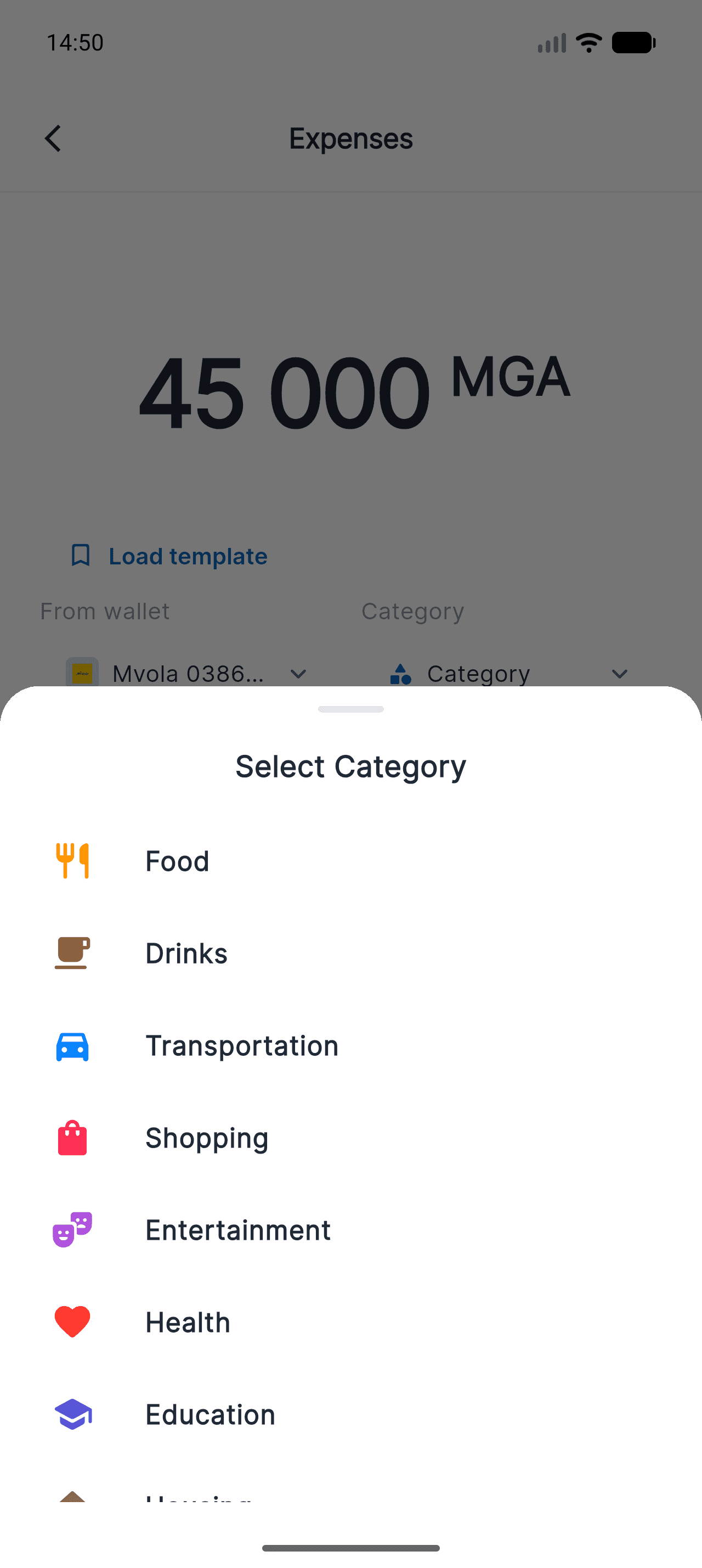 Category picker sheet in Piff, showing Food, Drinks, Transportation and more