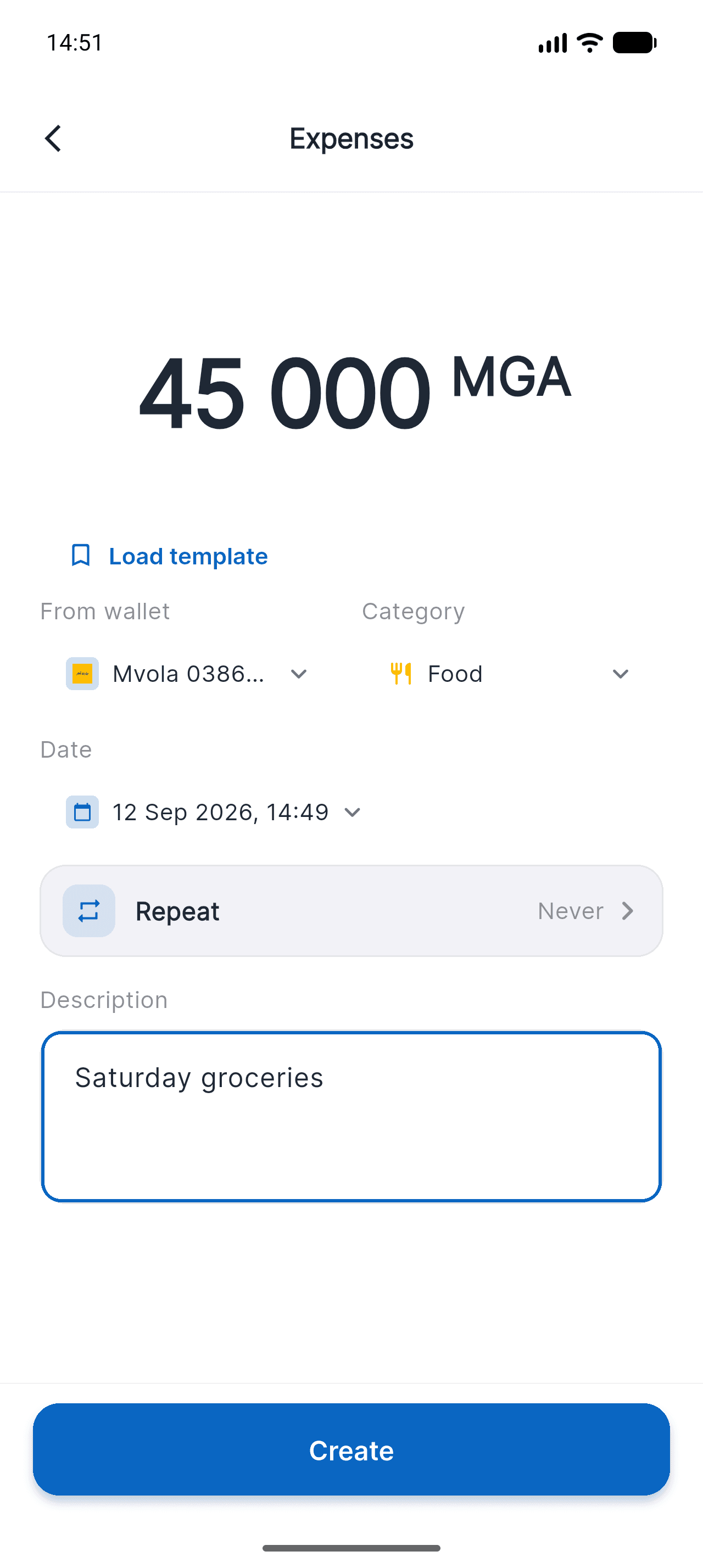Completed Piff expense form: amount, Mvola wallet, Food category and the note “Saturday groceries”