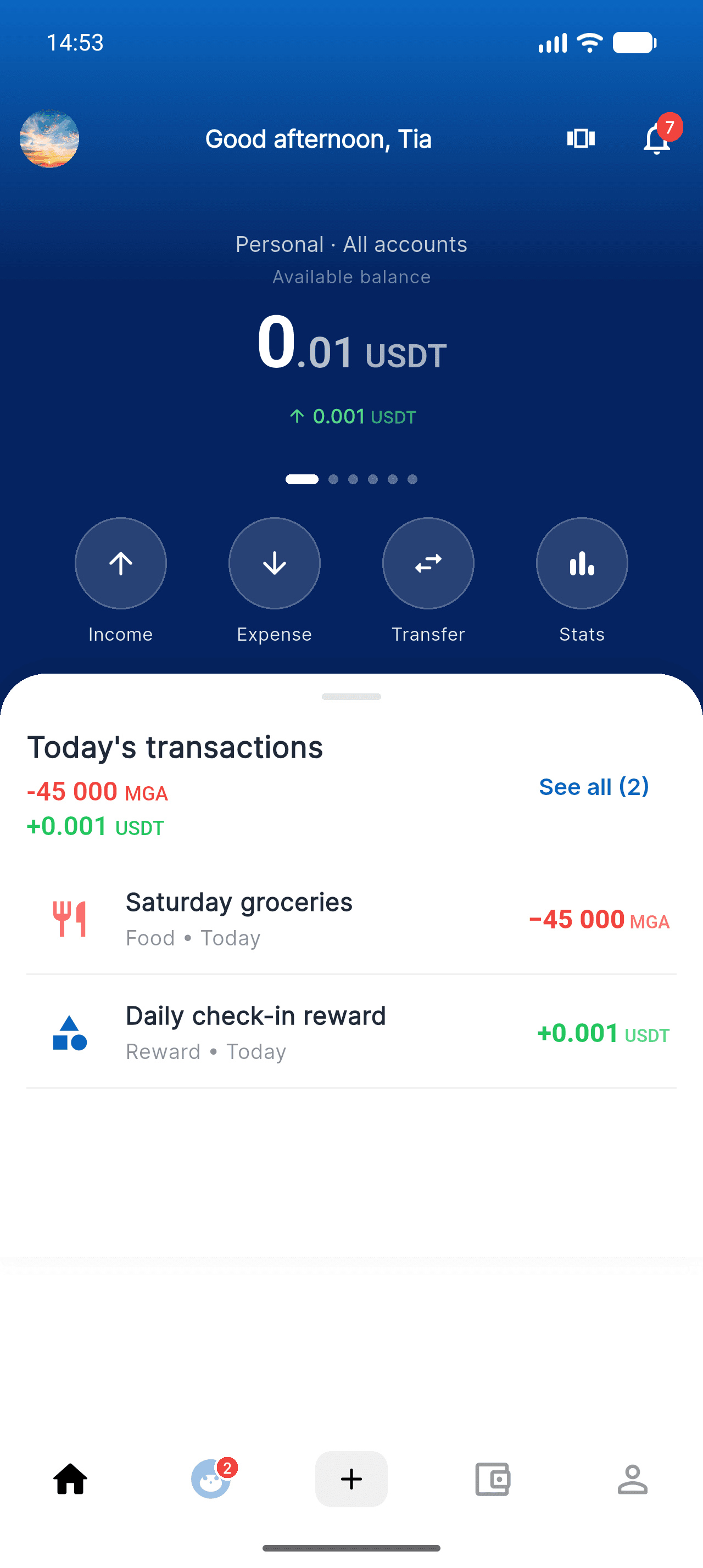 Piff home screen showing today's expense “Saturday groceries” at −45,000 MGA