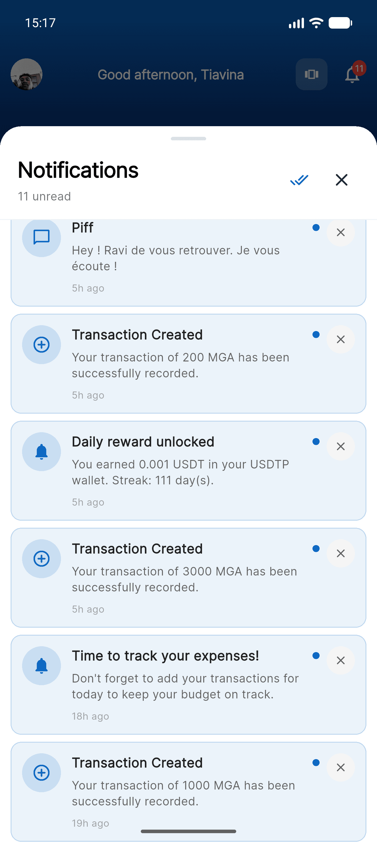 Piff notification center with daily reminders