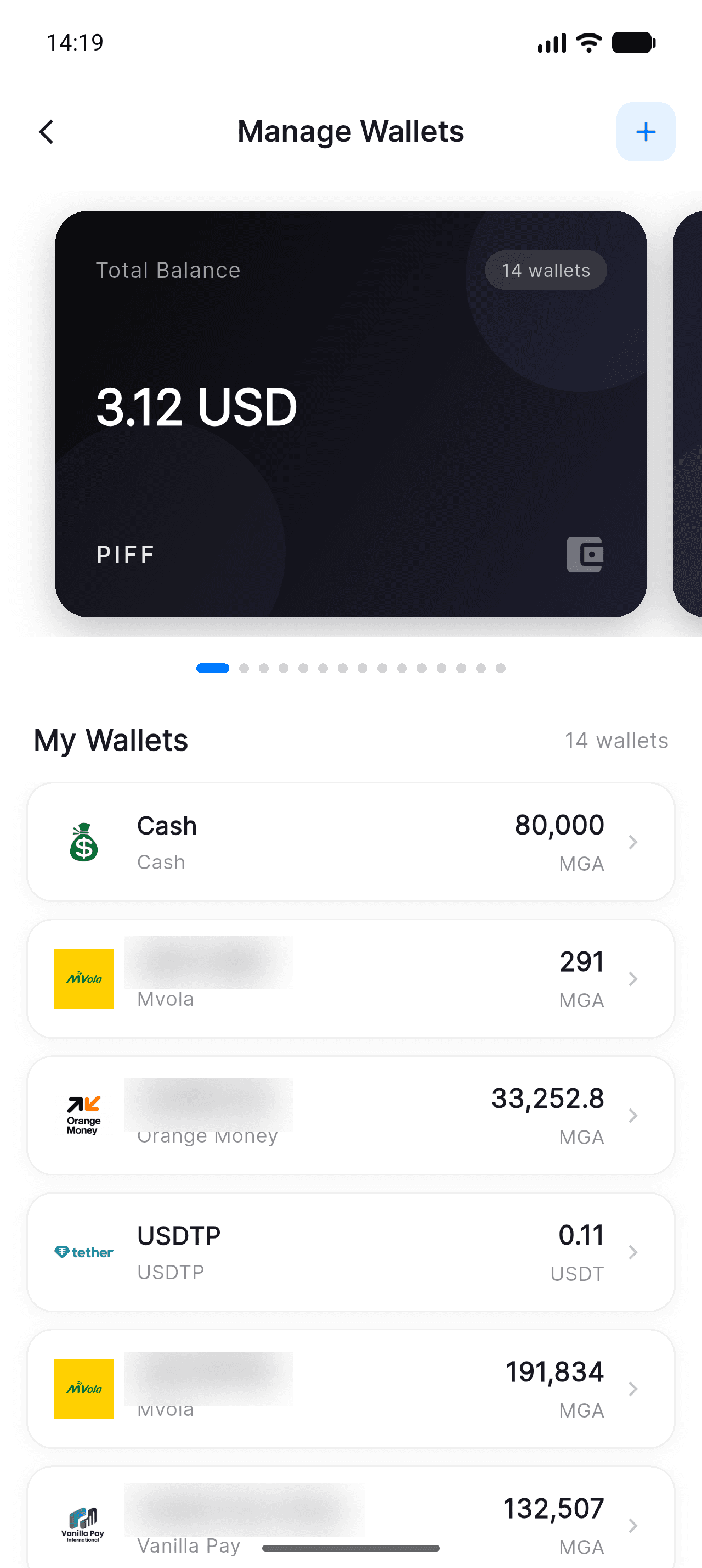 Piff wallet management screen showing total balance and account list