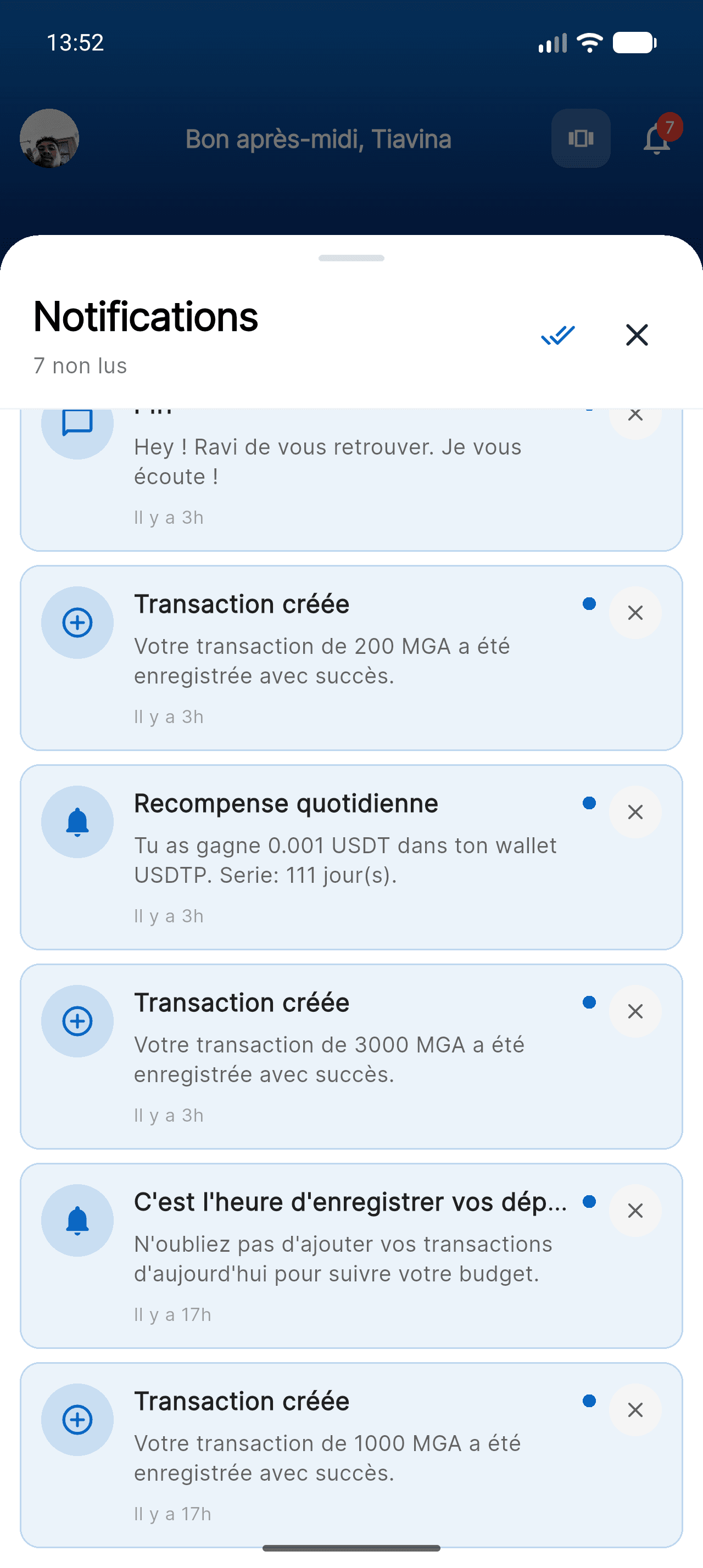 Centre de notifications de Piff avec les rappels quotidiens