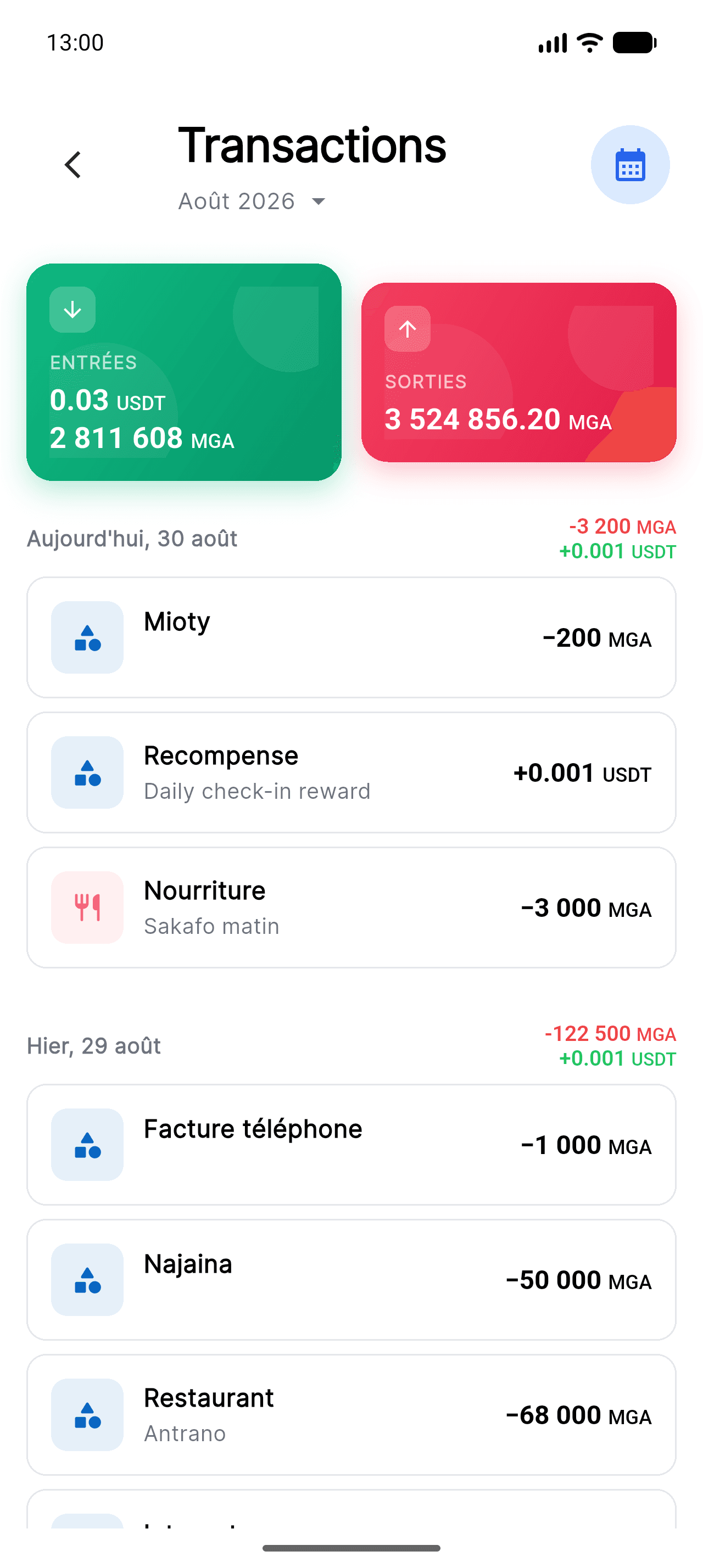 Écran d'ajout de dépense et historique des transactions dans Piff