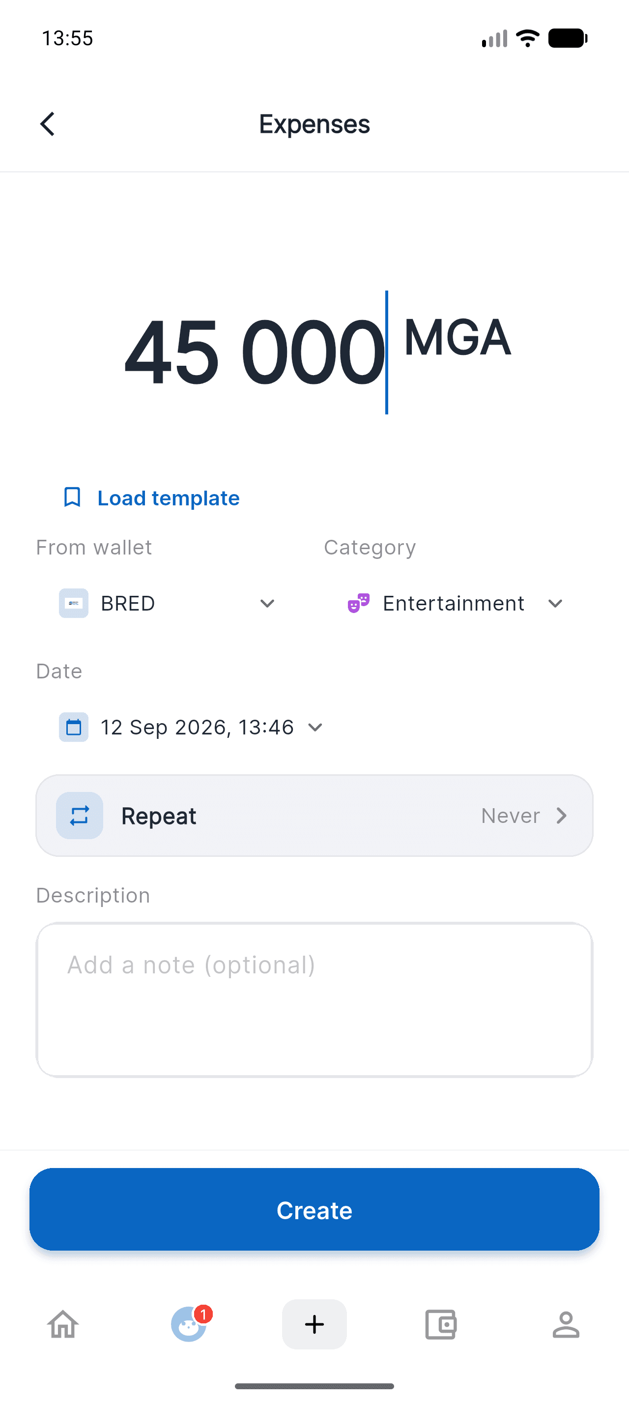 Piff expense form with an amount of 45,000 MGA and the Repeat row set to Never