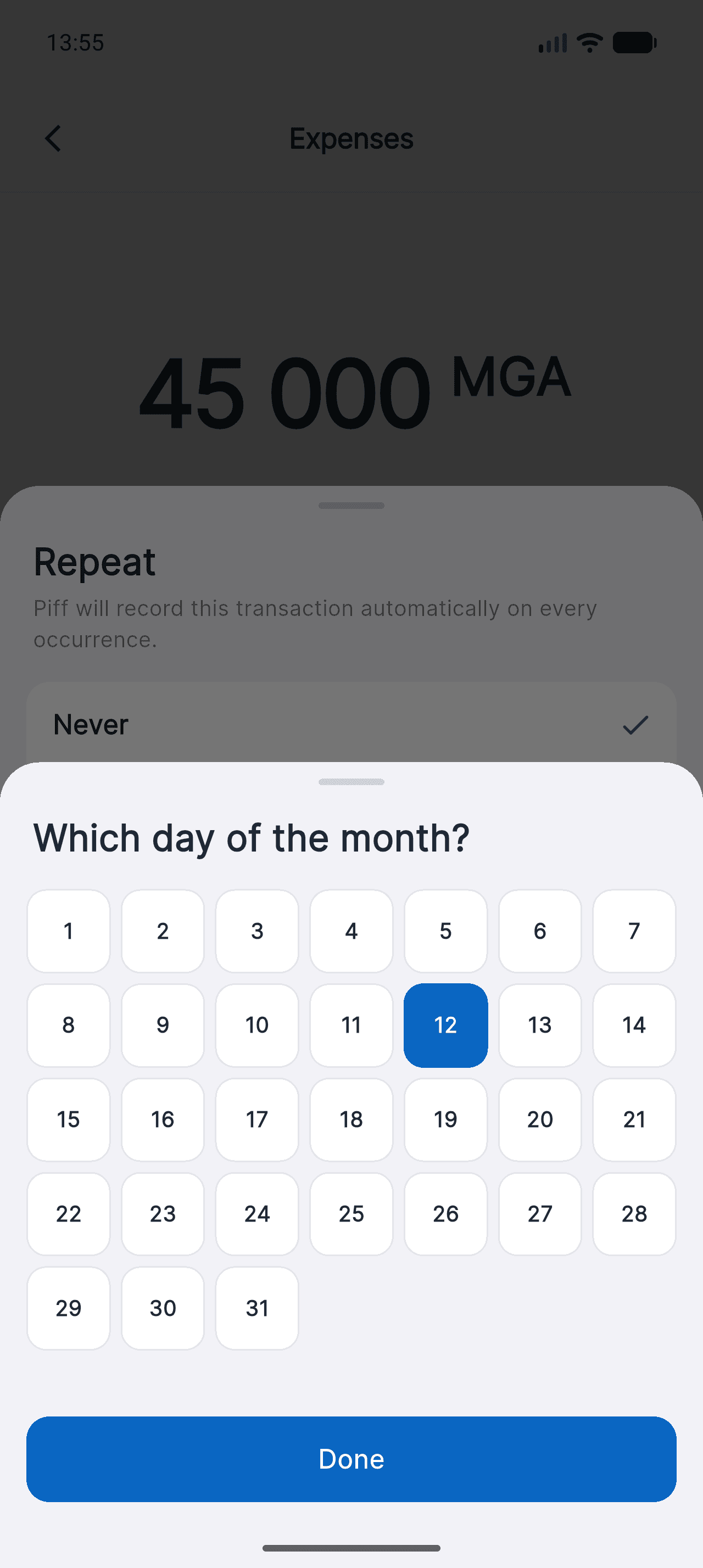 Piff day-of-month picker, from 1 to 31