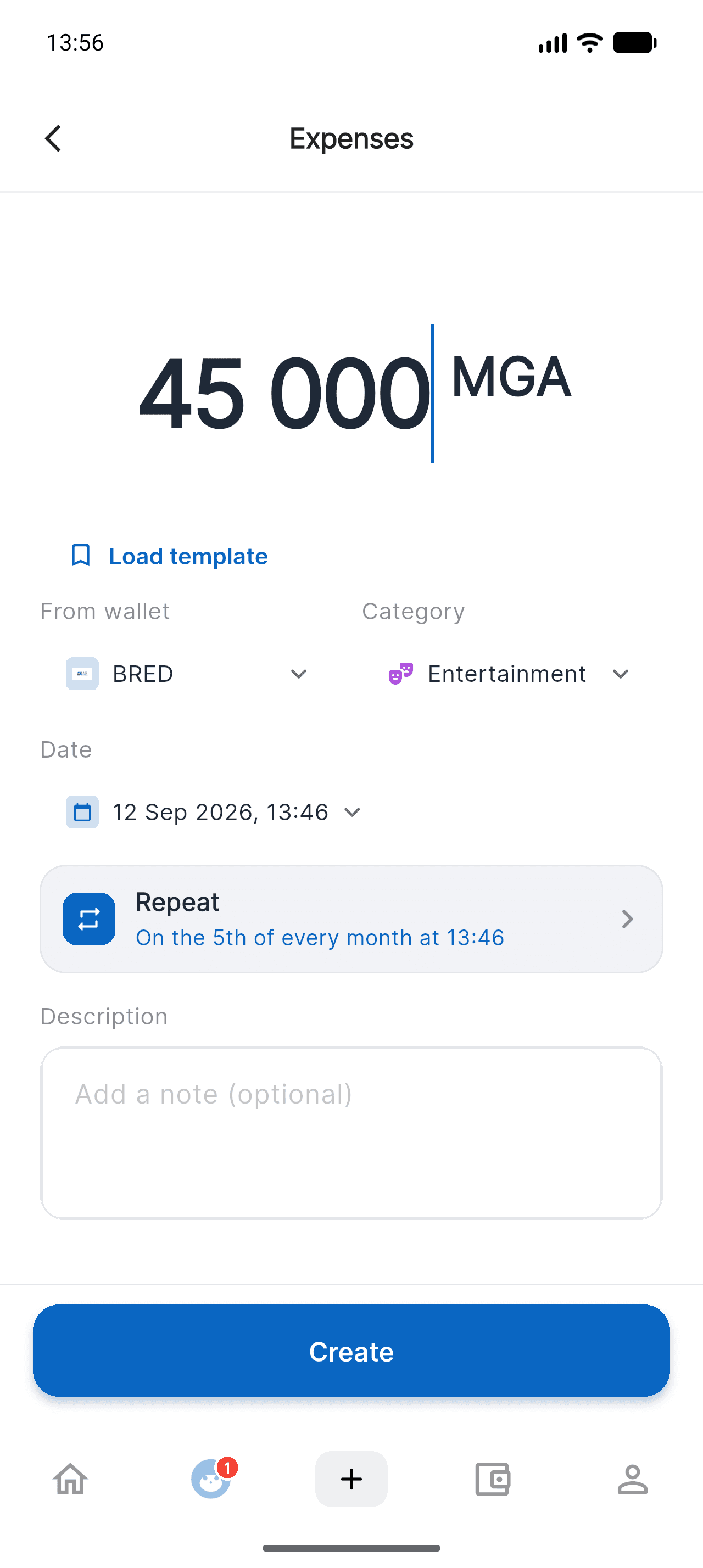 Piff expense form showing the recurrence summary: on the 5th of every month