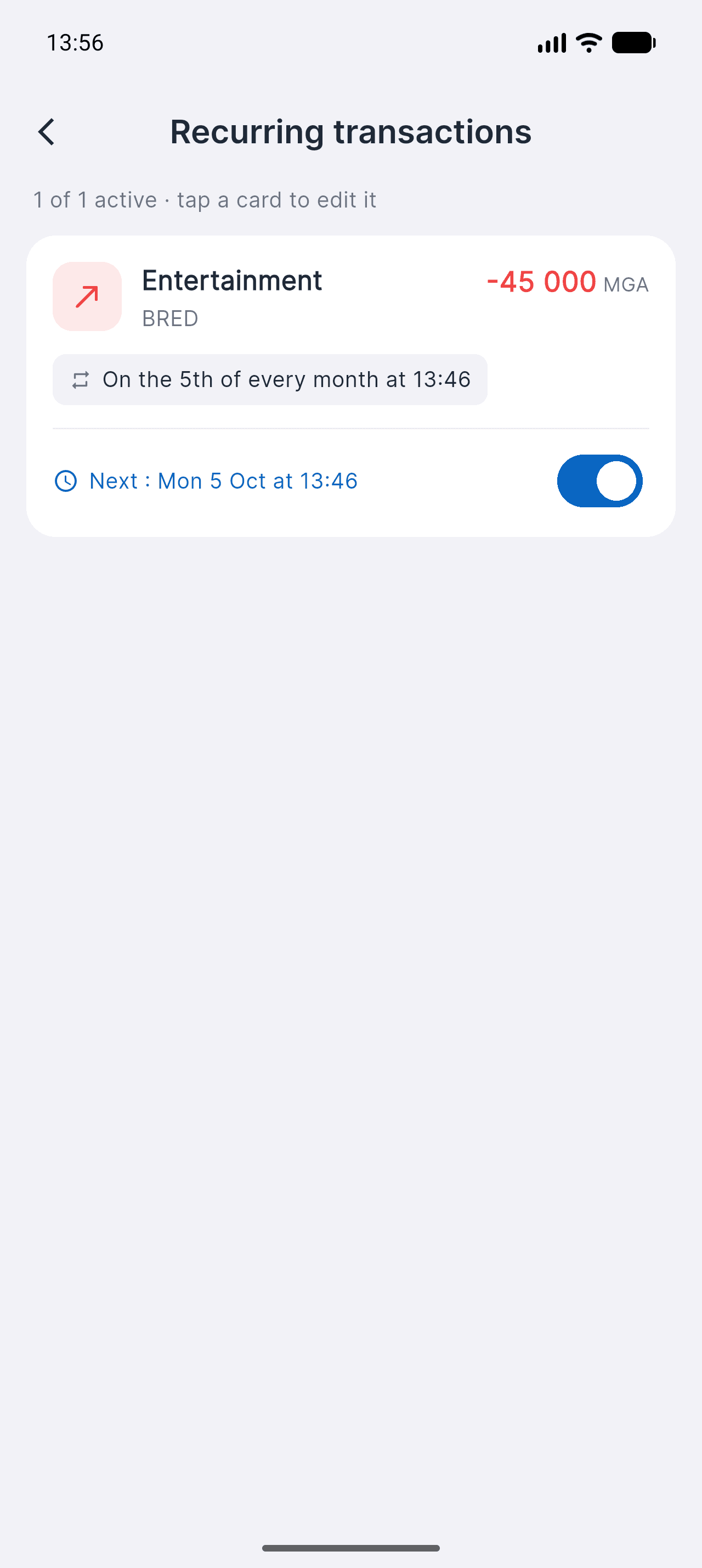 Piff Recurring transactions screen with an active monthly rule and its next occurrence