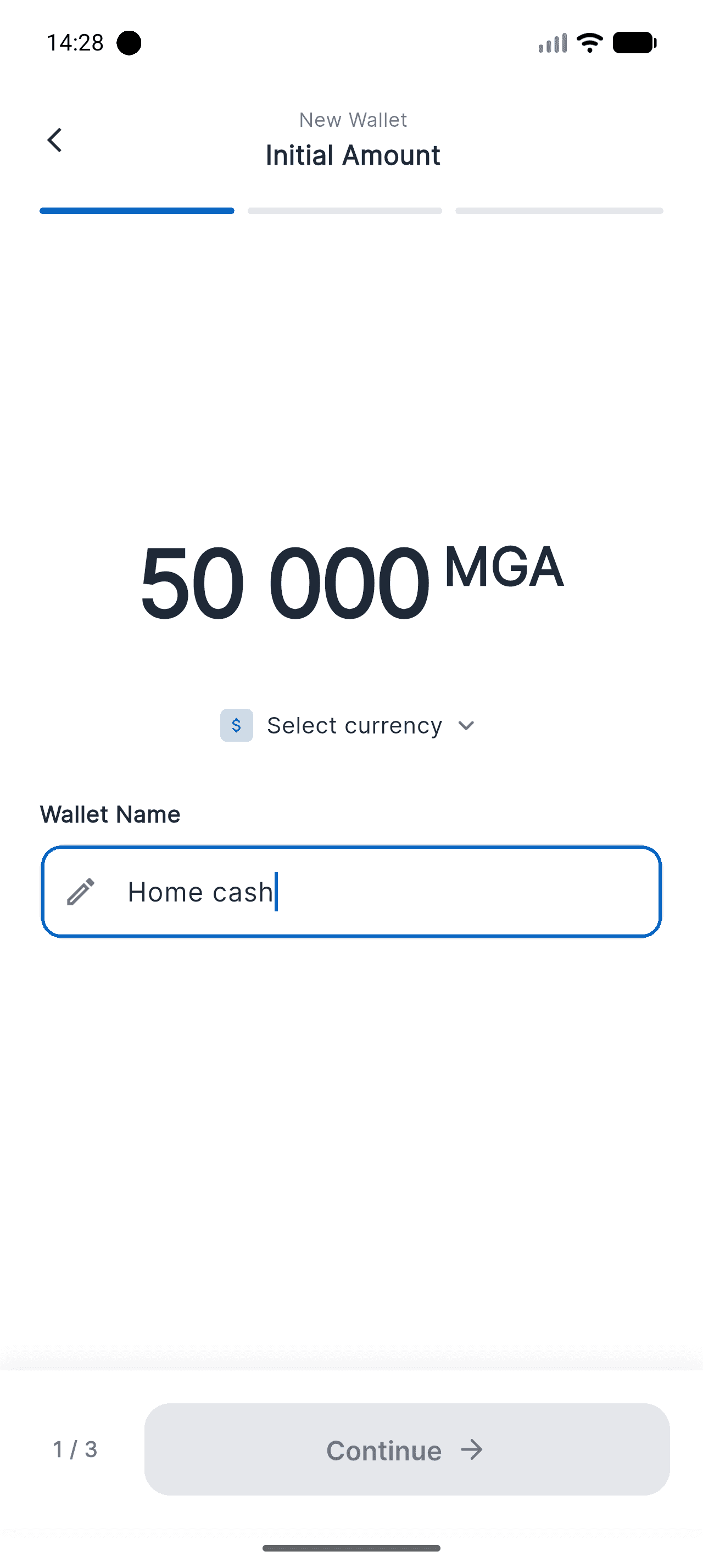 Piff Initial Amount screen with 50,000 MGA entered and the name “Home cash”
