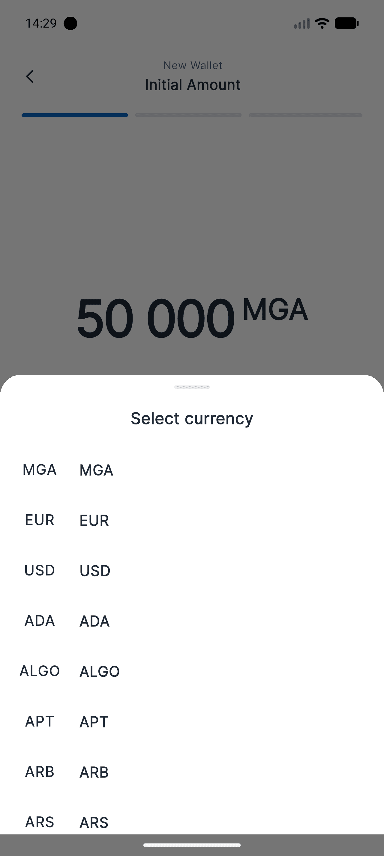 Currency picker sheet in Piff, showing MGA, EUR, USD and crypto codes
