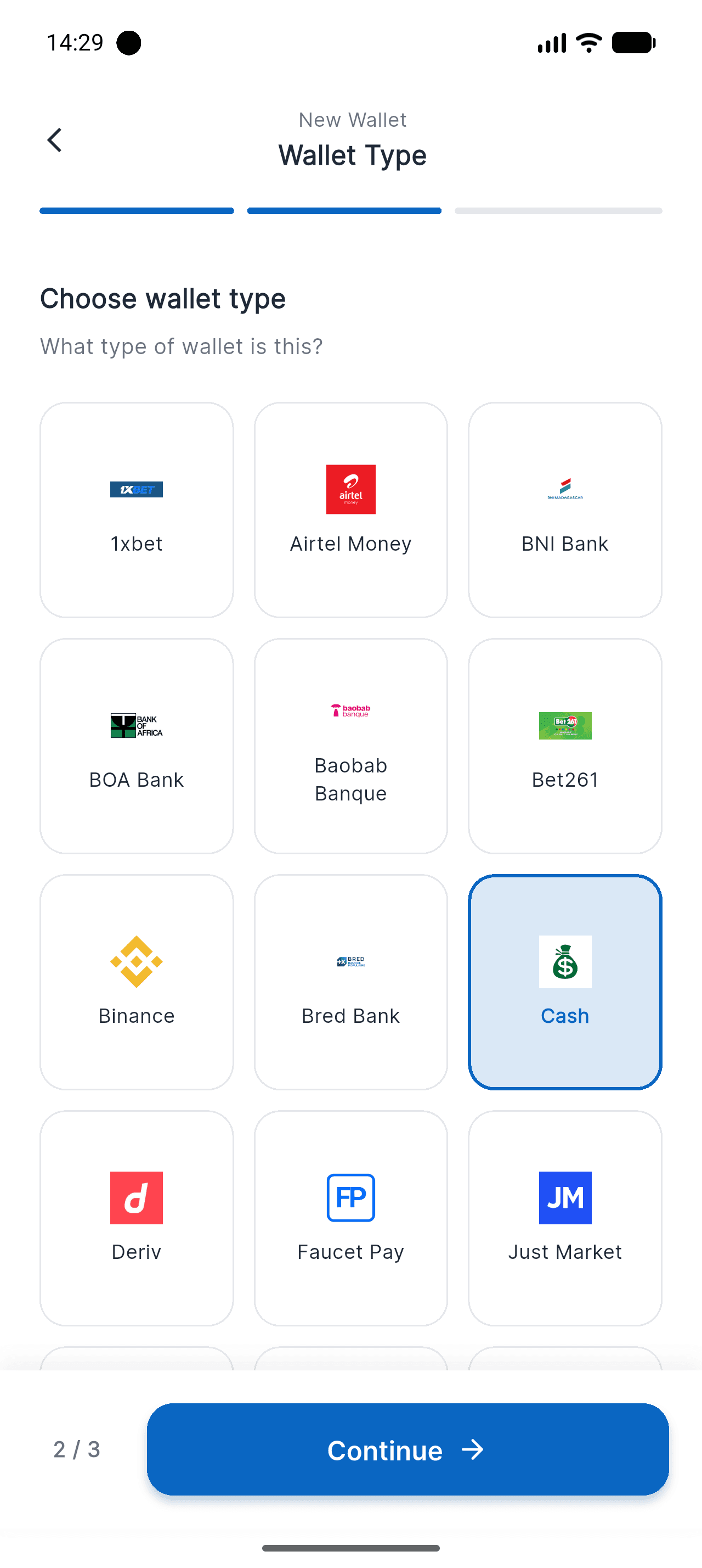 Wallet type grid in Piff, with Cash selected