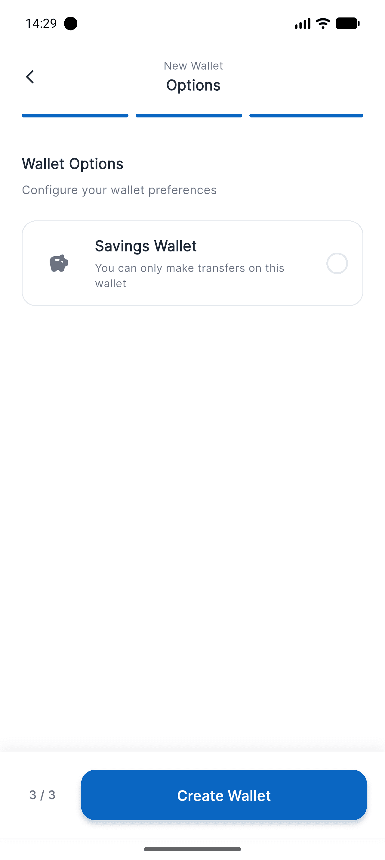Piff Wallet Options screen with the Savings Wallet option