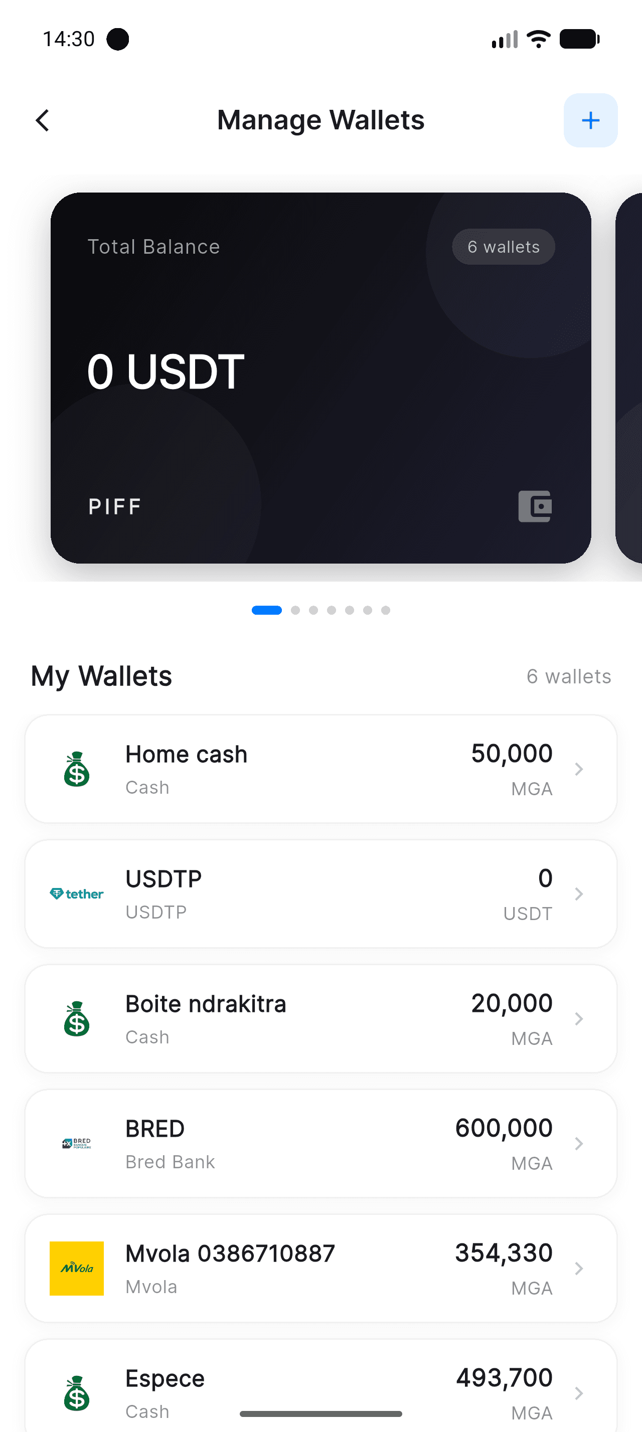 Piff Manage Wallets screen with the new wallet at the top of the list
