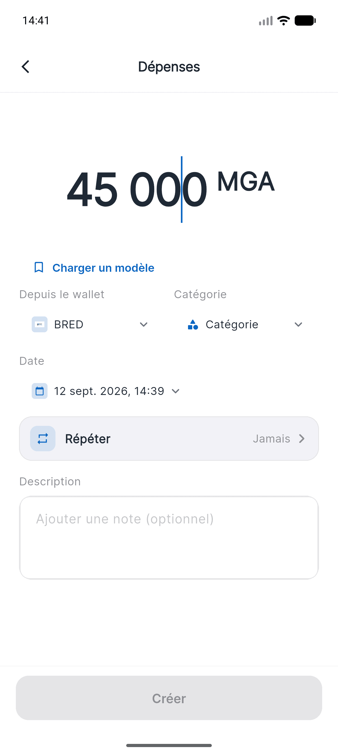 Écran Dépenses de Piff avec 45 000 MGA saisis et le wallet BRED sélectionné