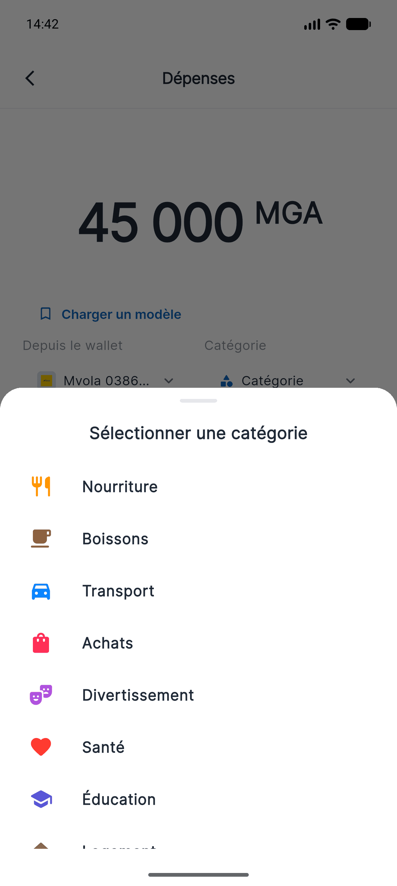 Feuille de sélection de la catégorie dans Piff, avec Nourriture, Boissons, Transport et les autres
