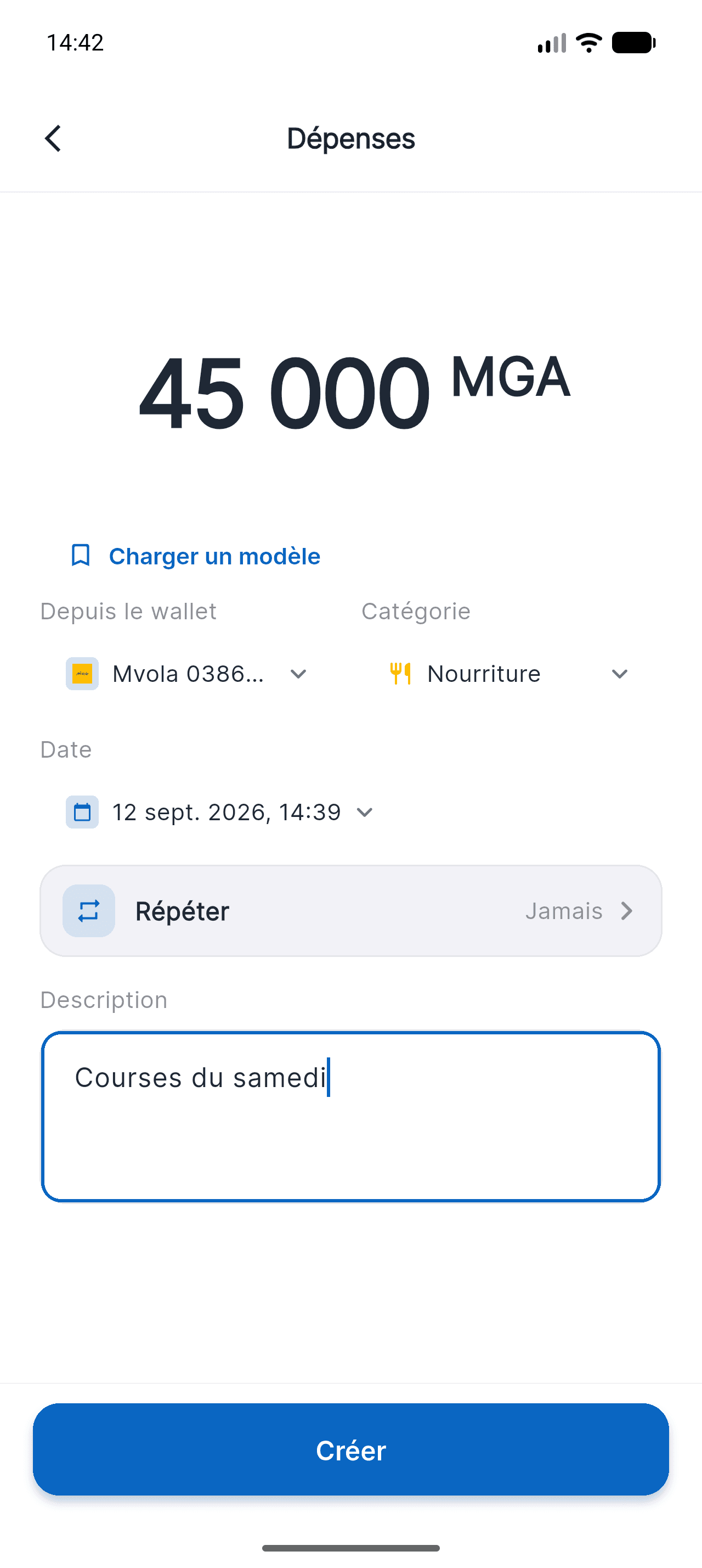 Formulaire de dépense Piff complété : montant, wallet Mvola, catégorie Nourriture et note « Courses du samedi »