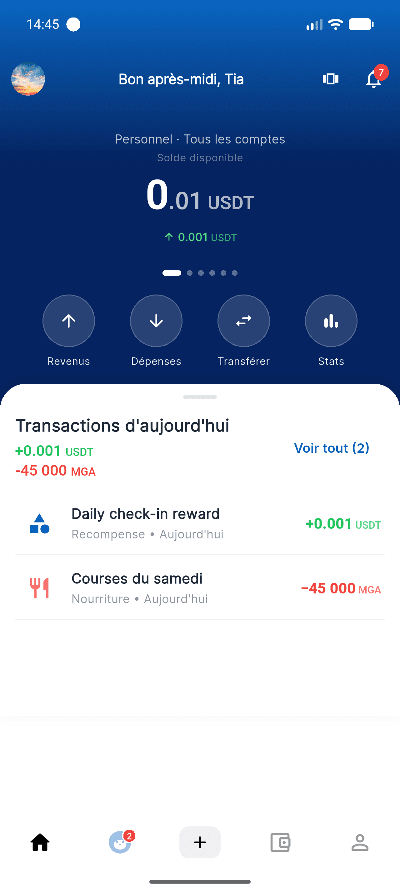 Accueil Piff affichant la dépense du jour « Courses du samedi » à −45 000 MGA
