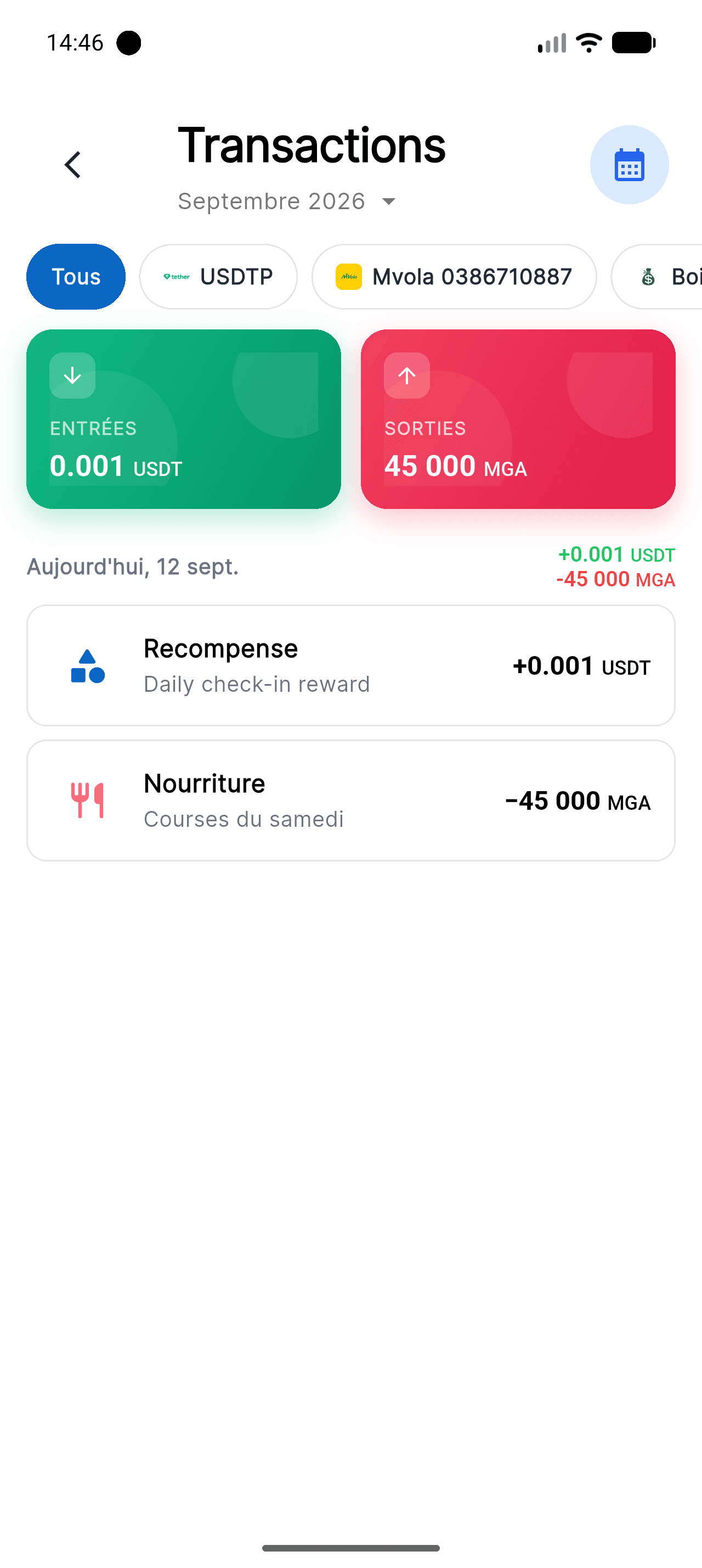 Écran Transactions de Piff avec les totaux Entrées / Sorties du mois et la liste du jour