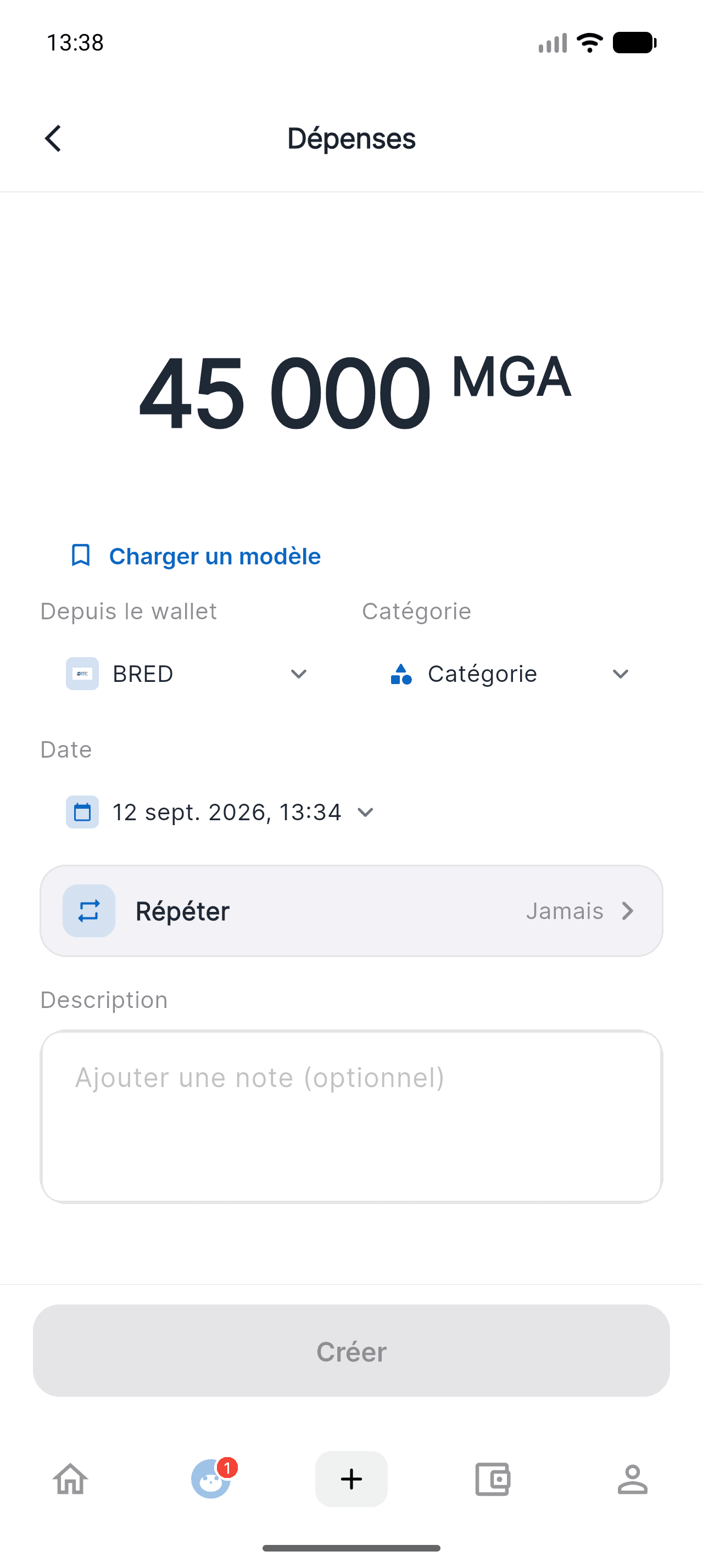 Formulaire de dépense Piff avec un montant de 45 000 MGA saisi et la ligne Répéter réglée sur Jamais