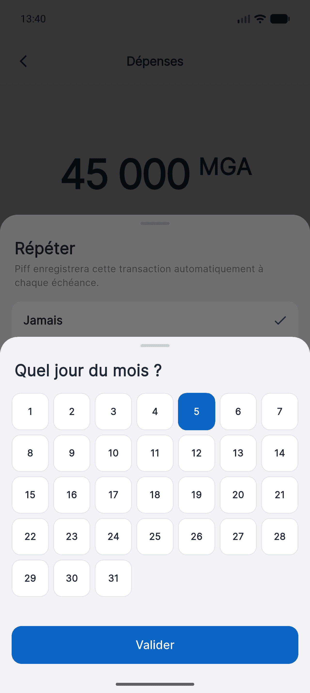 Grille de sélection du jour du mois dans Piff, de 1 à 31
