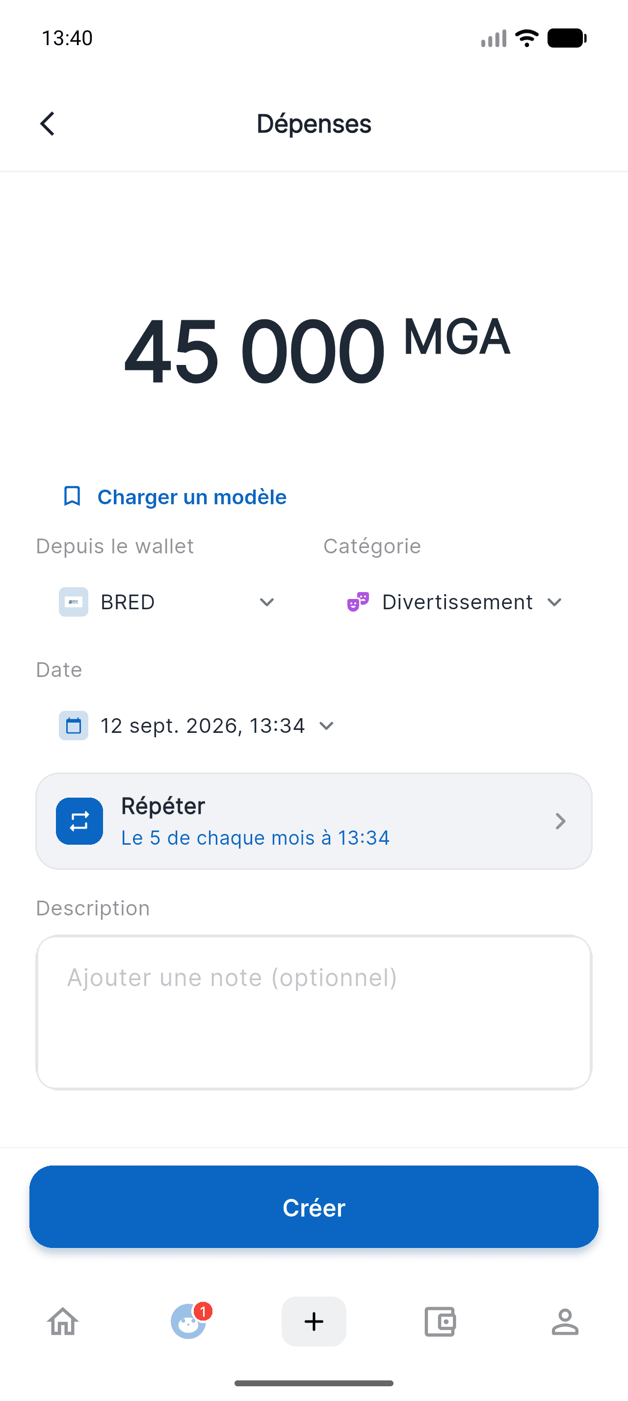 Formulaire de dépense Piff affichant le résumé de la récurrence : le 5 de chaque mois