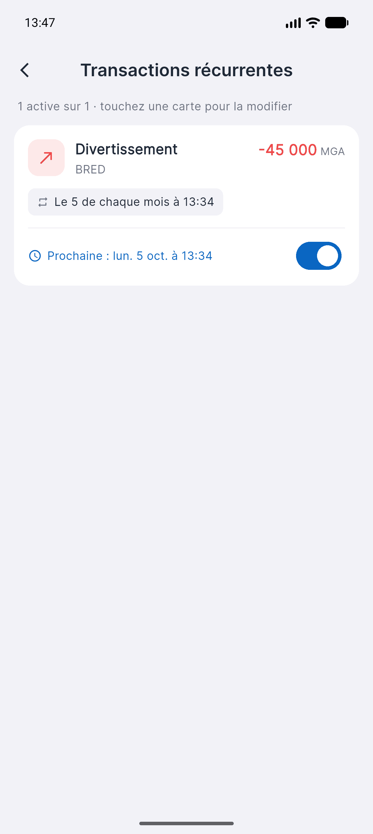 Écran Transactions récurrentes de Piff avec une règle mensuelle active et sa prochaine échéance