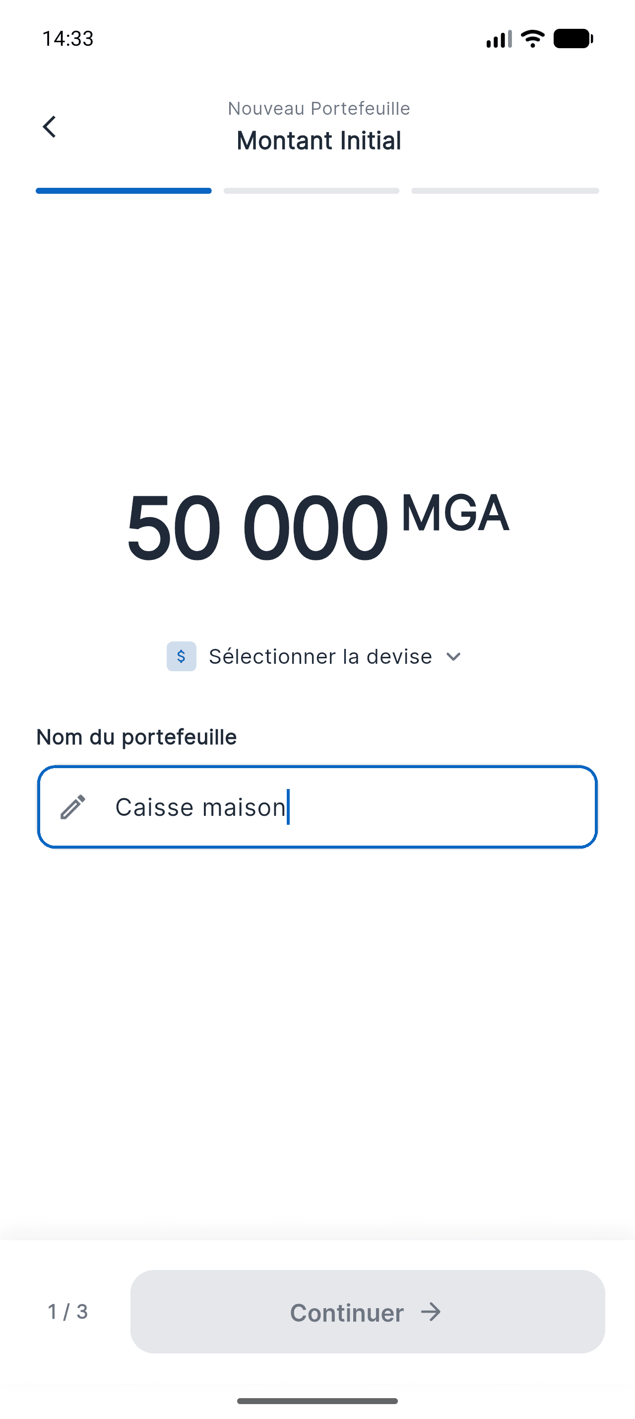 Écran Montant Initial de Piff avec 50 000 MGA saisis et le nom « Caisse maison »