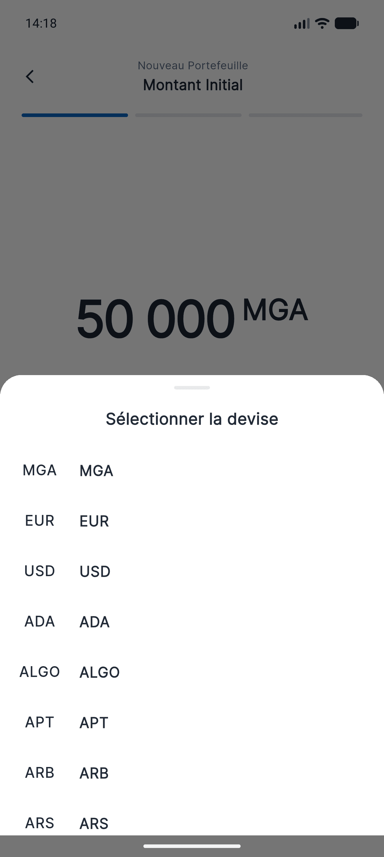 Feuille de sélection de la devise dans Piff, avec MGA, EUR, USD et les cryptos