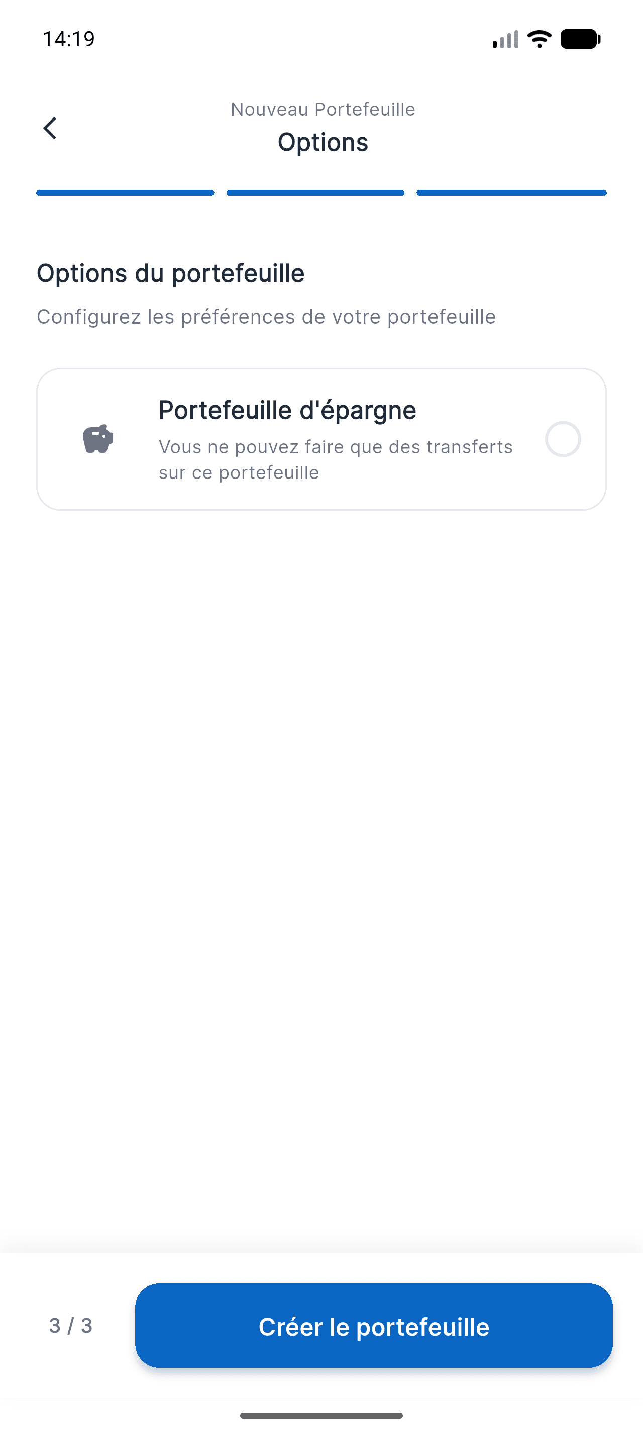 Écran Options du portefeuille dans Piff, avec l'option Portefeuille d'épargne