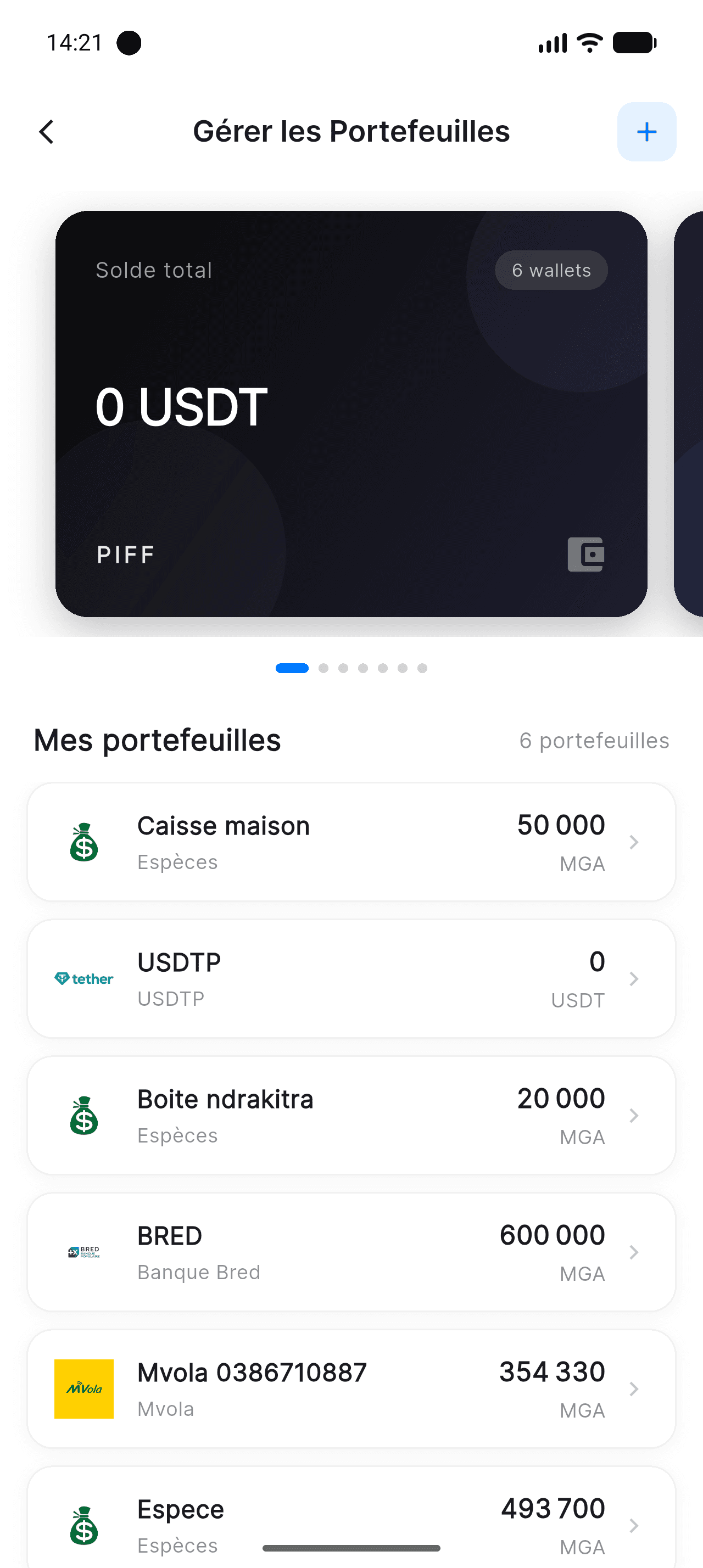 Écran Gérer les wallets de Piff avec le nouveau wallet en tête de liste