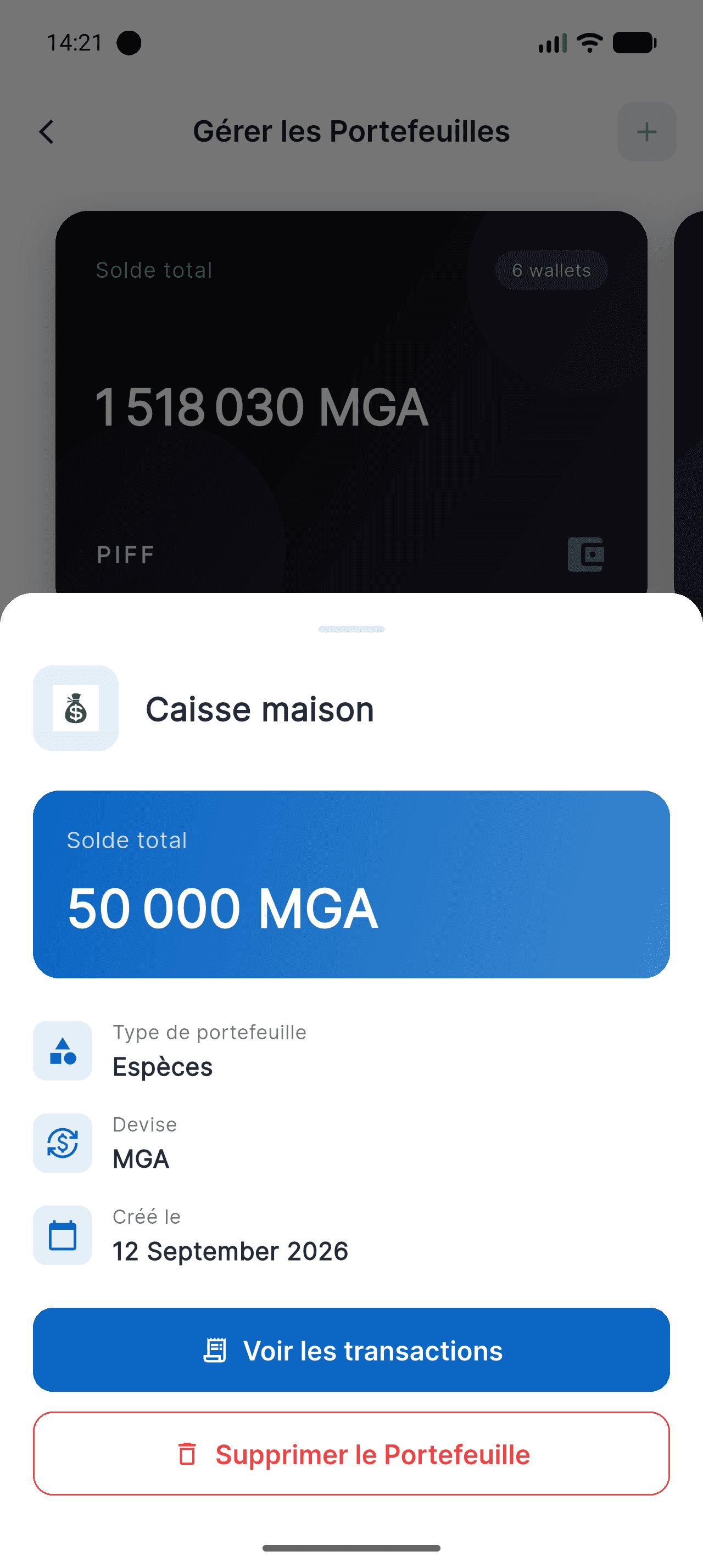 Fiche d'un wallet Piff avec le solde, le type, la devise et le bouton Supprimer
