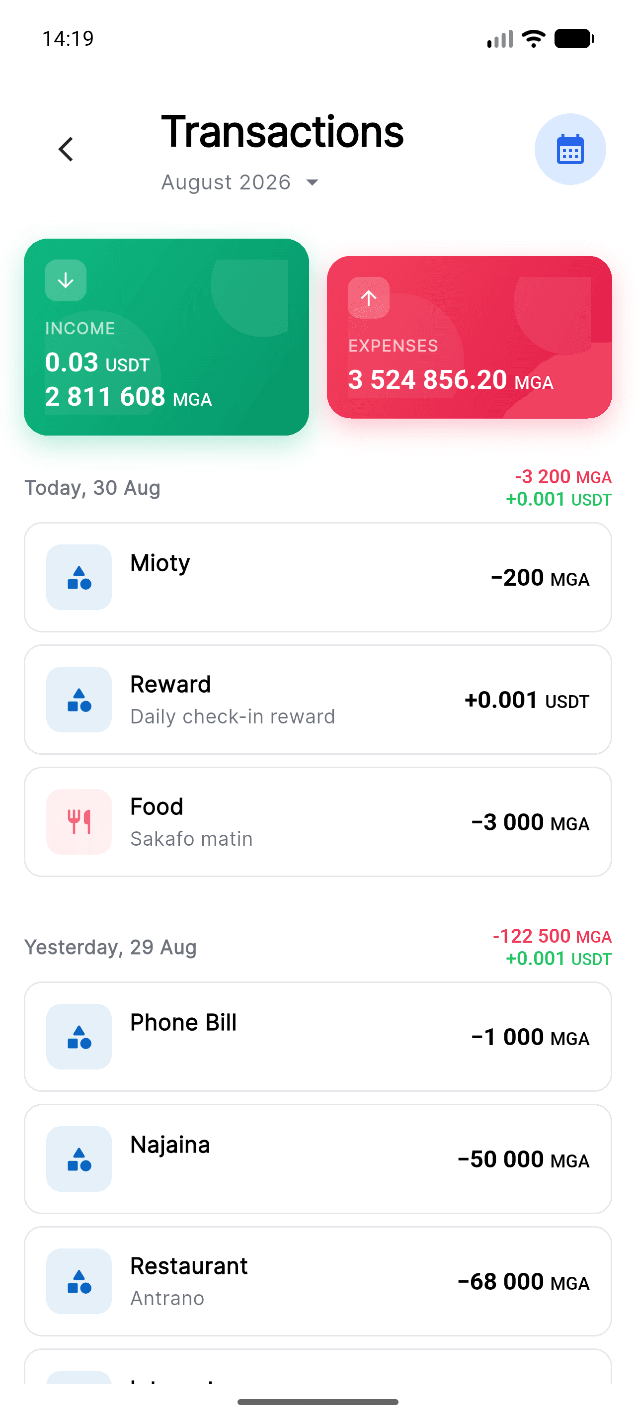 Add expense screen and transaction history in Piff