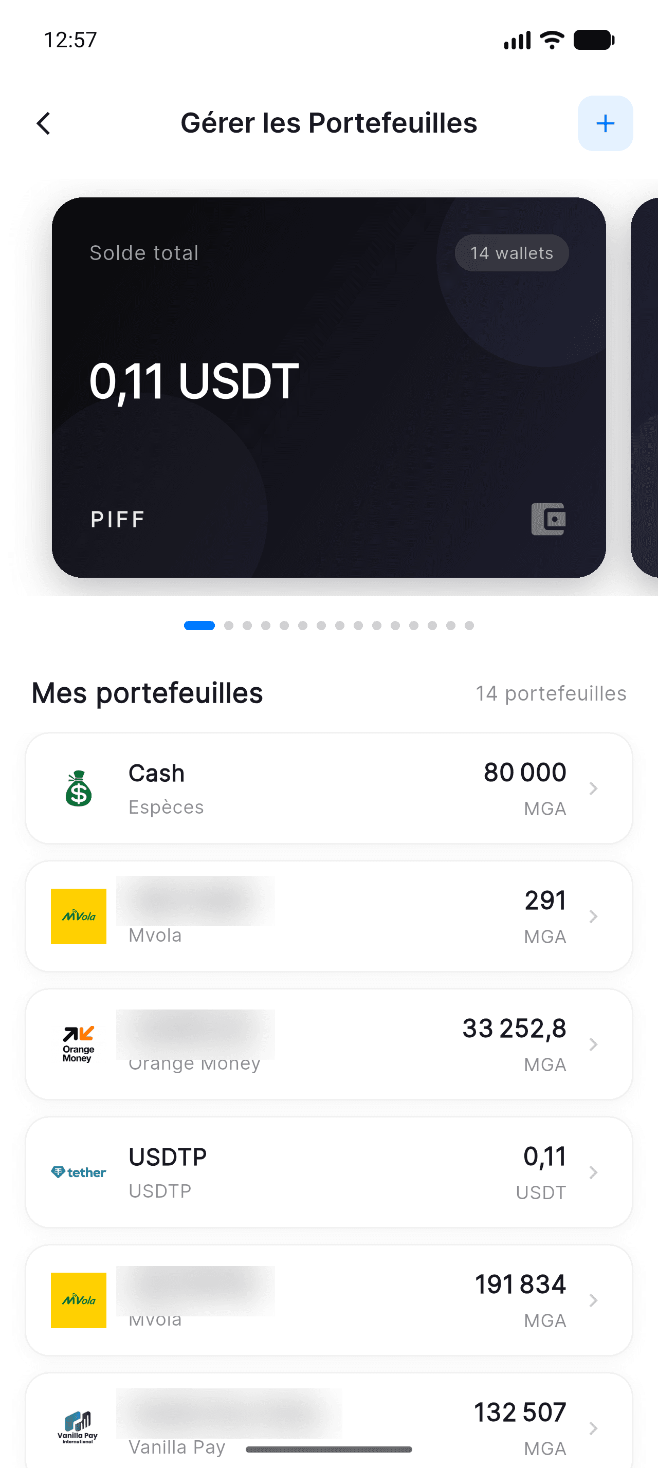 Écran de gestion des wallets Piff avec le solde total et la liste des comptes